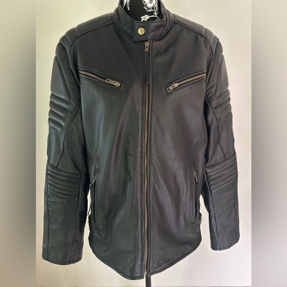 BRAND NEW black leather moto racer jacket